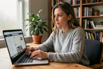 Femme utilisant un ordinateur portable pour faire des achats en ligne de manière sécurisée depuis son bureau à domicile