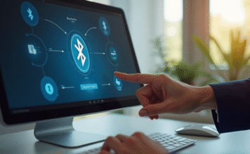 Bluetooth sur PC : comment l’activer ? Main activant Bluetooth sur un écran d'ordinateur en journée