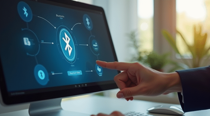 Bluetooth sur PC : comment l’activer ? Main activant Bluetooth sur un écran d'ordinateur en journée