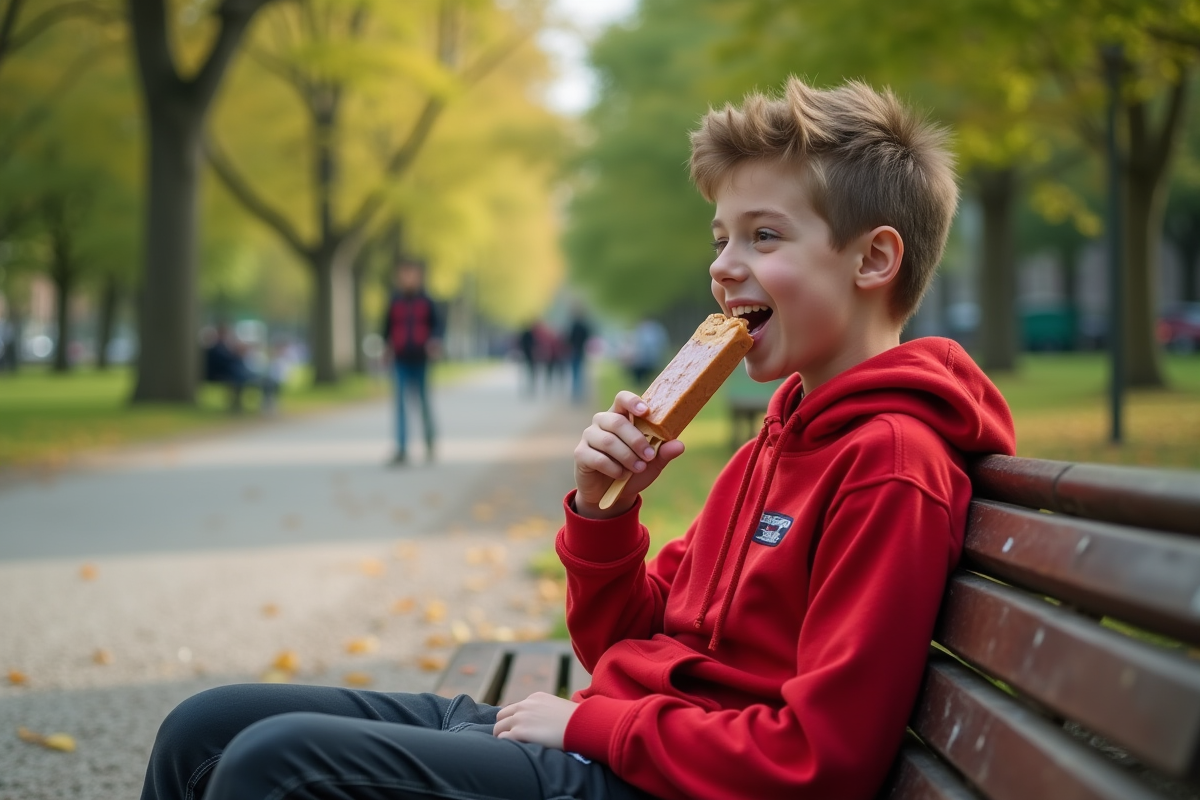 Adolescent mange un glace dans un parc en souriant