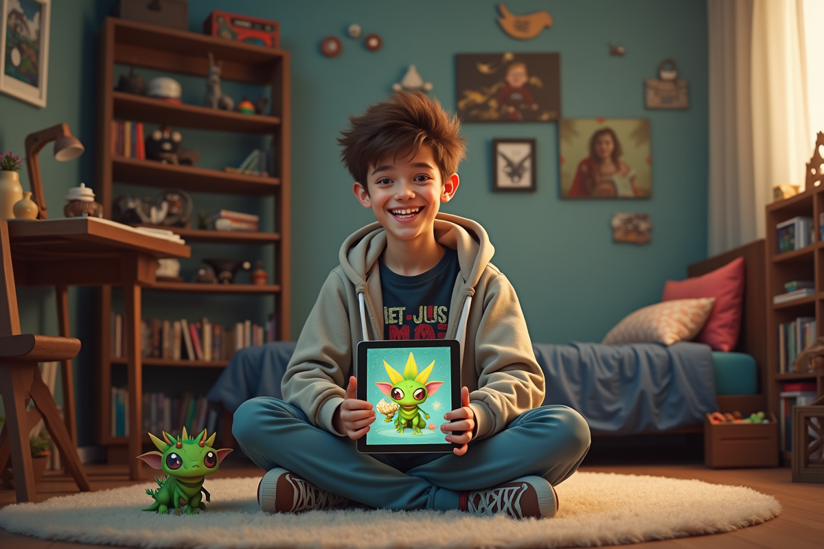 Adolescent avec figurine dofus dans sa chambre