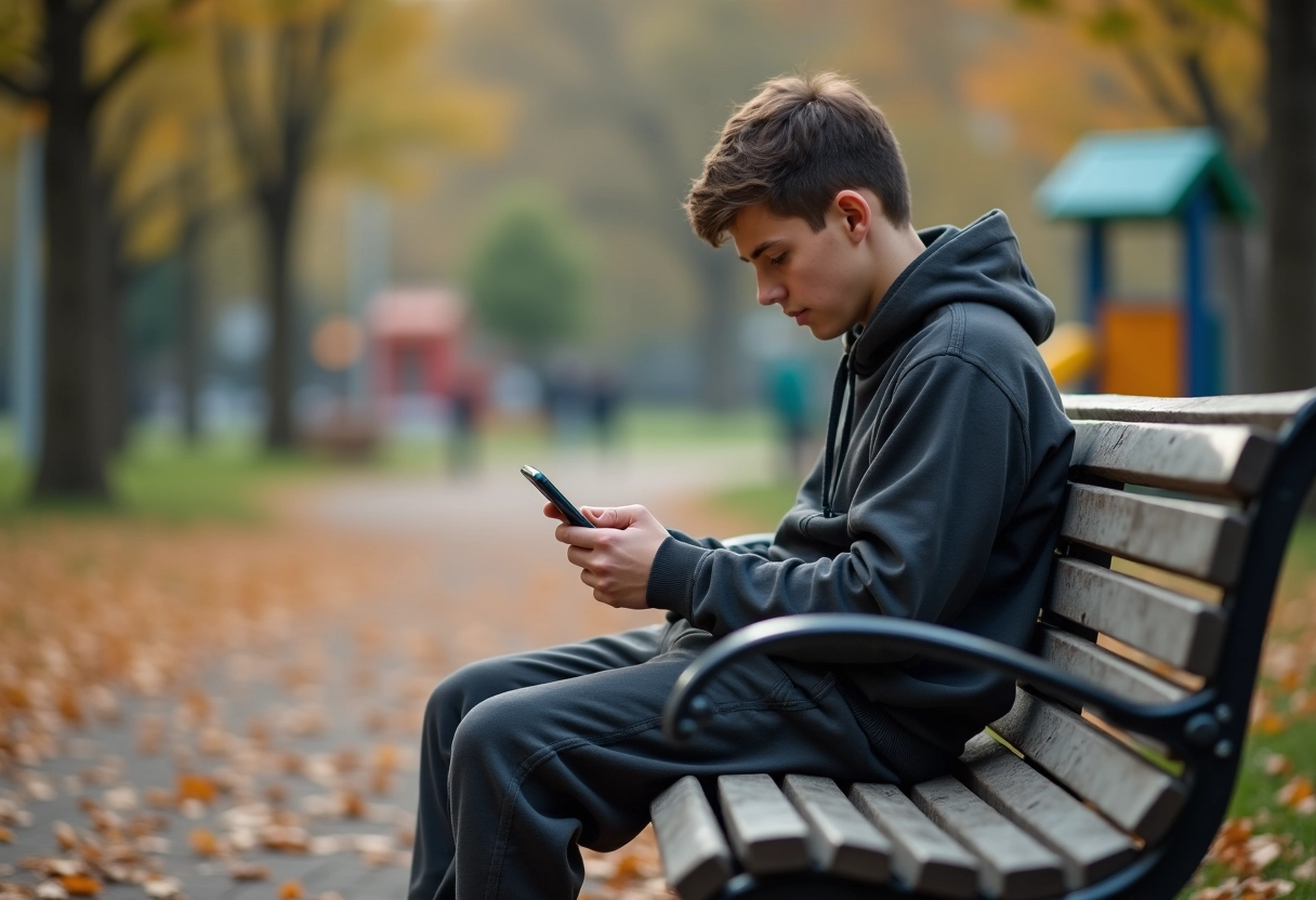 Adolescent seul sur un banc de parc regardant son téléphone