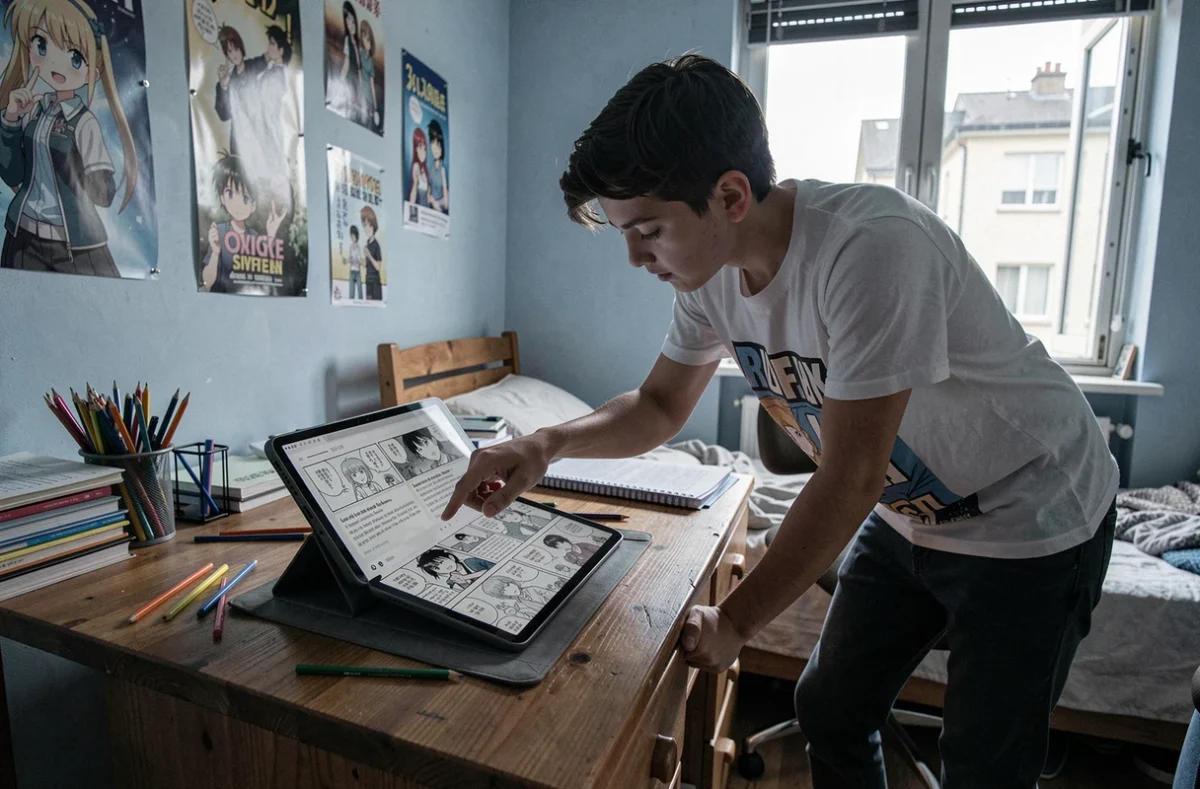 Adolescent lisant des scans manga en VF sur une tablette dans sa chambre avec des posters d'anime