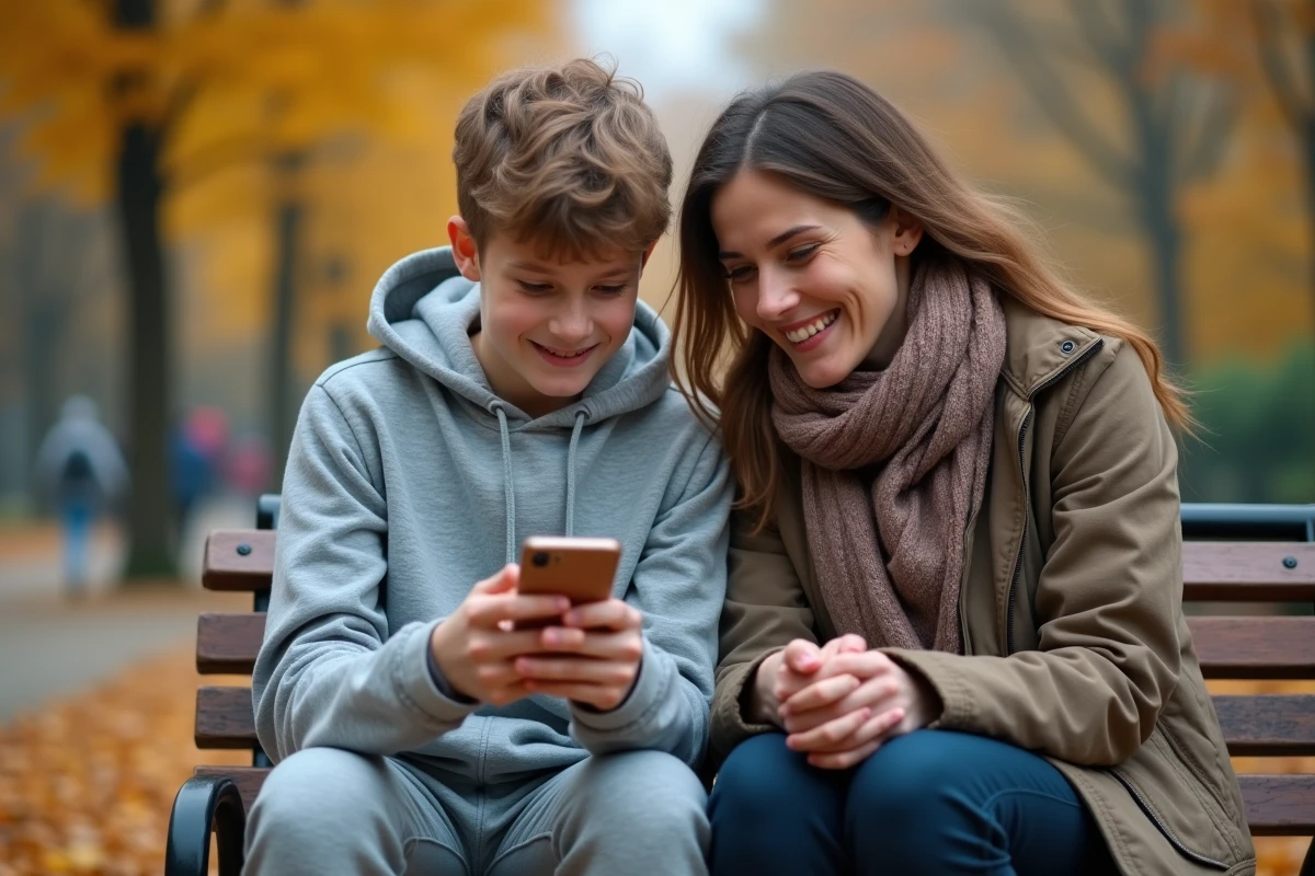 Adolescent montrant son smartphone à sa mère dans un parc en automne