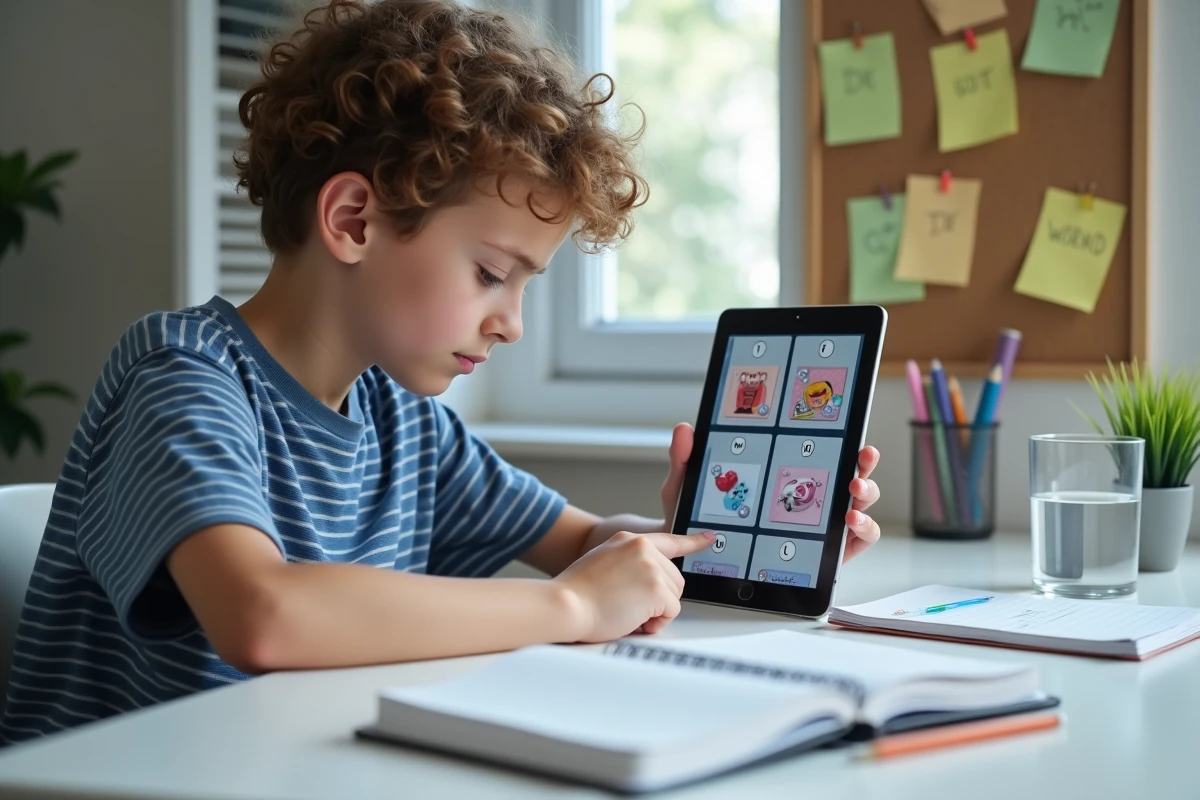 Adolescent résolvant une énigme du jeu 4 Images 1 Mot 6 lettres sur une tablette