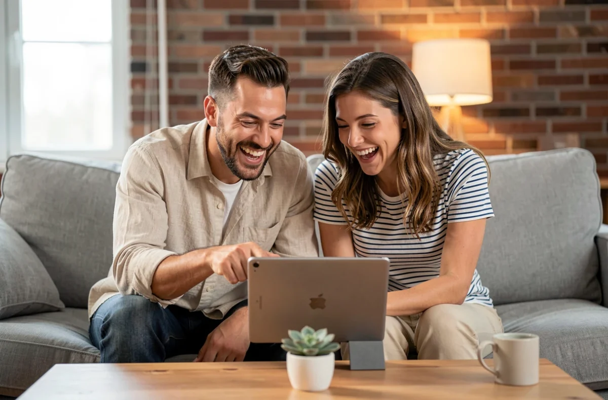 Deux amis riant ensemble en jouant à Cemantix sur une tablette dans un salon moderne, mettant en avant le plaisir partagé du jeu de sémantique malgré la difficulté