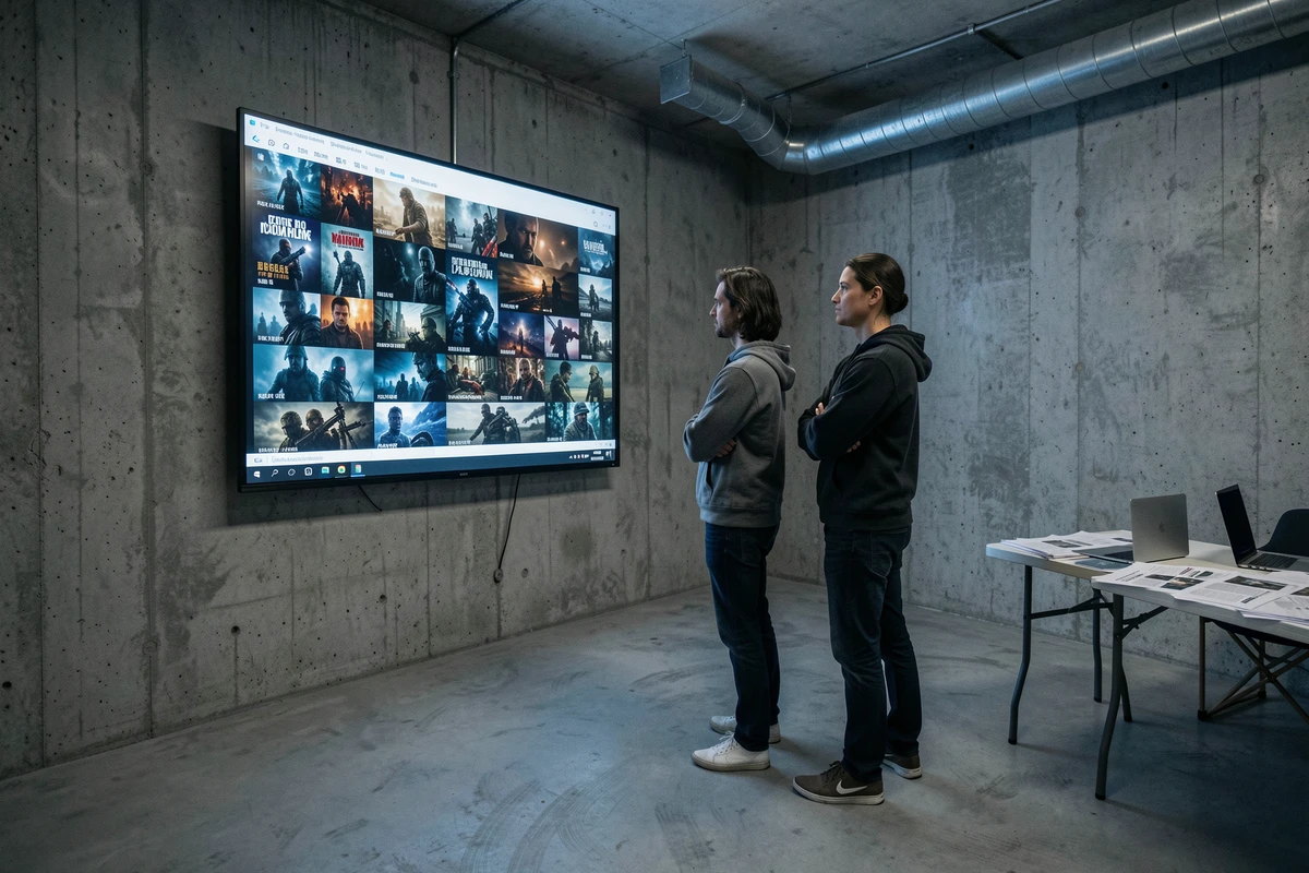 Deux spectateurs dans une salle bunker analysant une grille de scènes de films Resident Evil affichées sur un grand écran mural, ambiance sombre et analytique