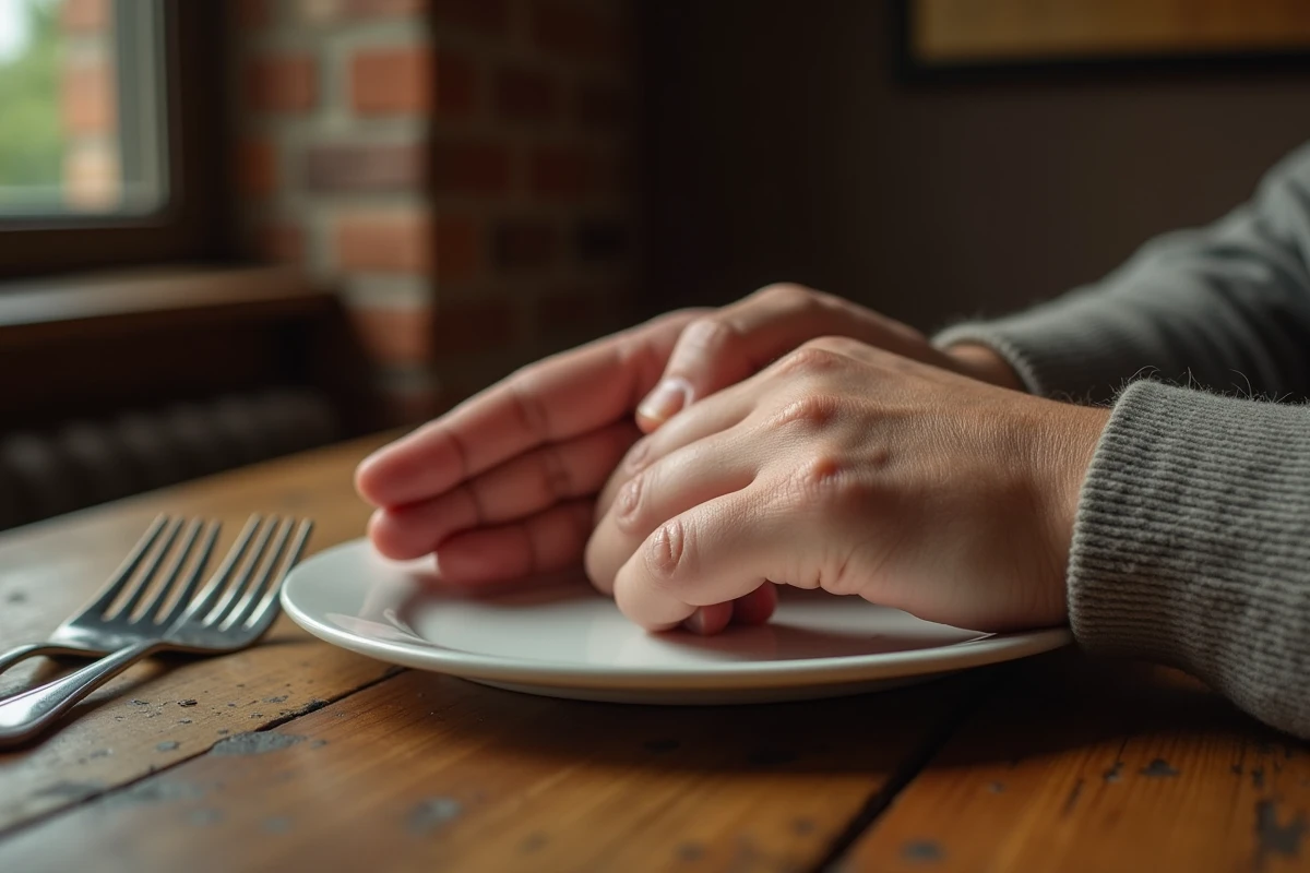 Gros plan sur la main gigantesque d'André le Géant posée sur une table en bois à côté d'une assiette ordinaire, illustrant ses mensurations exceptionnelles