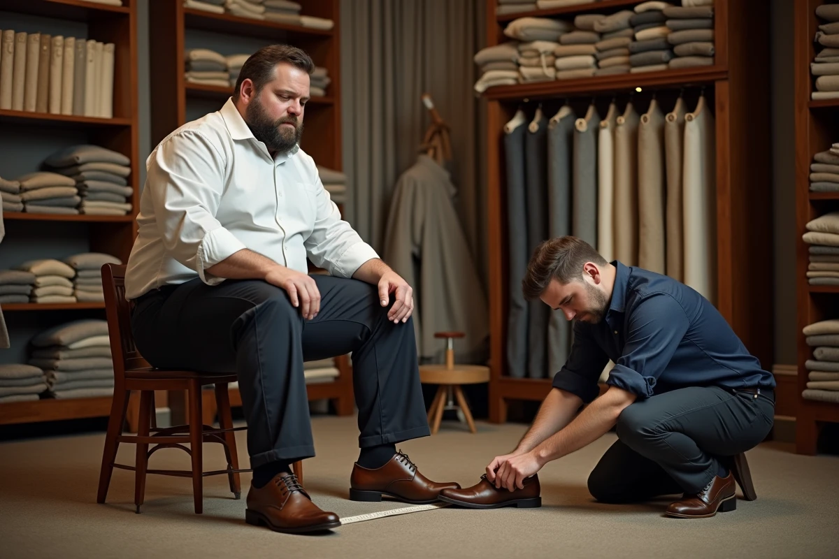 Un tailleur prend les mesures d'un homme de taille exceptionnelle dans une boutique de couture vintage, avec une pointure de chaussure hors norme visible au premier plan