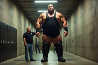 André le Géant debout en coulisses d'une arène de catch, sa taille impressionnante mise en valeur par la comparaison avec un homme de taille normale à ses côtés