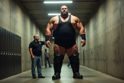 André le Géant debout en coulisses d'une arène de catch, sa taille impressionnante mise en valeur par la comparaison avec un homme de taille normale à ses côtés