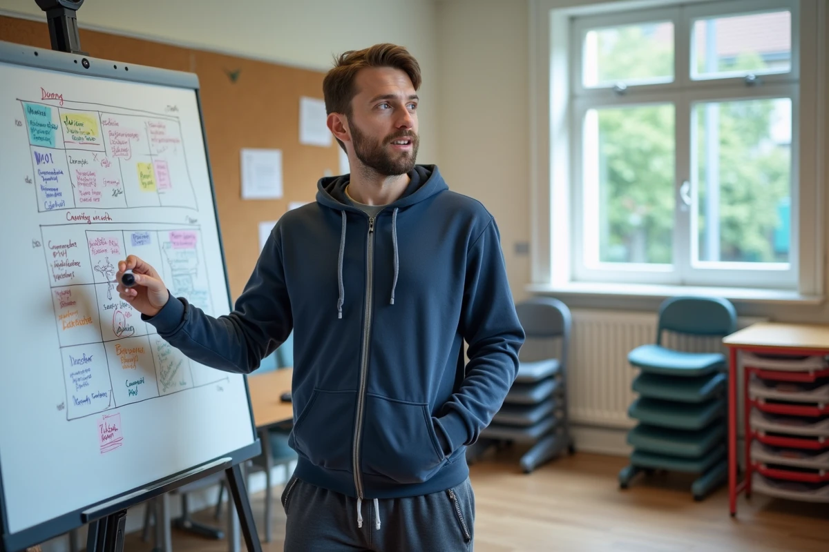 Professionnel de l'animation jeunesse présentant un planning d'activités sur un tableau blanc lors d'une réunion d'équipe