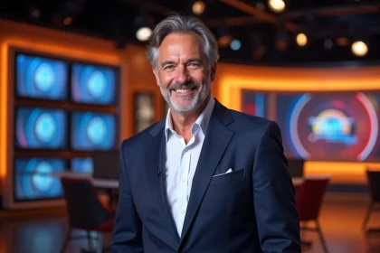 Animateur de jeu télévisé charismatique d'origine méditerranéenne souriant dans un studio de télévision français moderne