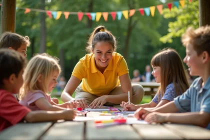 Animatrice jeunesse souriante encadrant des enfants lors d'un atelier créatif en plein air dans un centre de loisirs