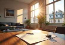 Appartement moderne parisien avec grande fenetre et vue urbaine