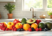 Assortiment de fruits frais sur plan de travail lumineux