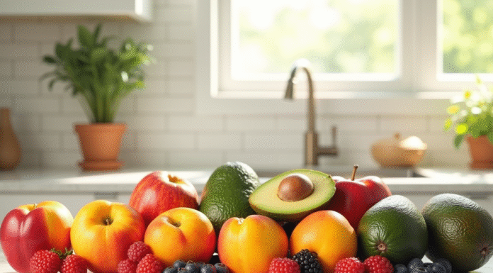 Assortiment de fruits frais sur plan de travail lumineux