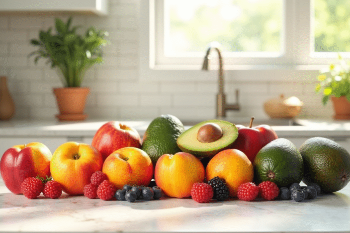 Assortiment de fruits frais sur plan de travail lumineux
