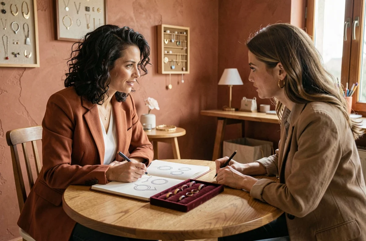 Emmanuelle Souc consultant avec une cliente sur un projet de bijou personnalisé dans son atelier