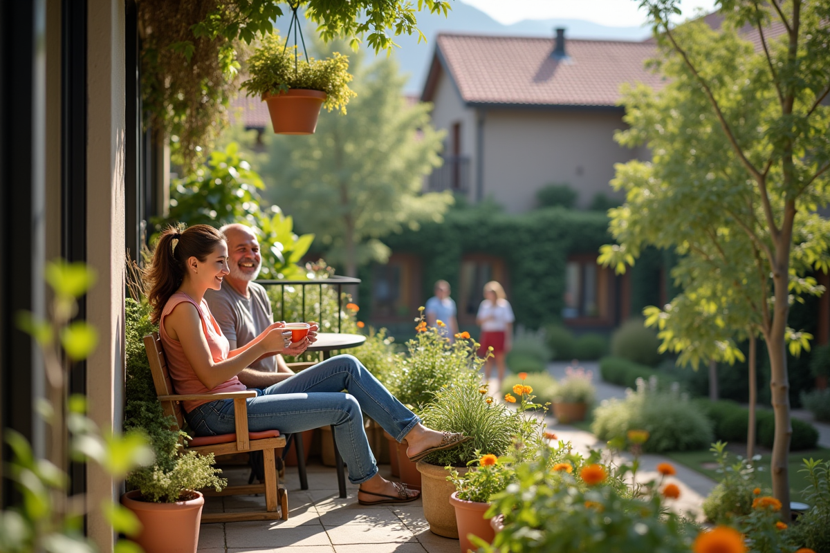 Couple se relaxant sur un balcon avec vue sur cour urbaine