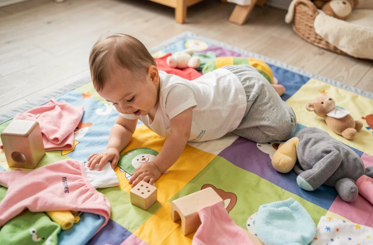 Bébé au sol sur un tapis d'éveil avec des objets à saisir