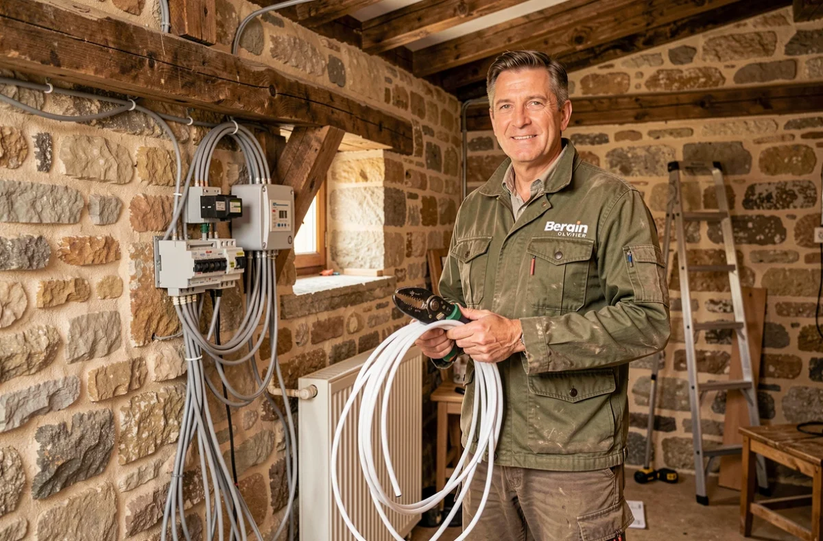 Electricien indépendant Bergin Olivier rénovant l'installation électrique d'une ferme tourangelle
