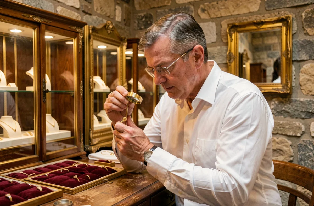 Bijoutier Arvel examinant une bague en or avec une loupe dans sa boutique traditionnelle