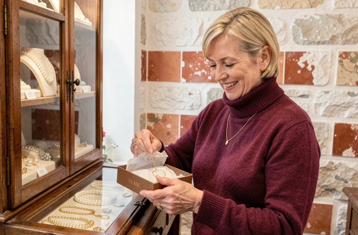 Vendeuse de la Bijouterie Jacquot emballant soigneusement un collier en perles pour une cliente
