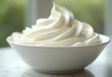 Bol rempli de creme chantilly bien ferme en gros plan