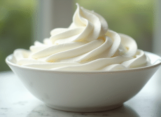Les secrets pour réussir une crème fouettée épaisse parfaite Bol rempli de creme chantilly bien ferme en gros plan