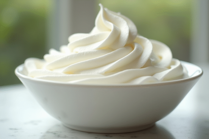 Bol rempli de creme chantilly bien ferme en gros plan