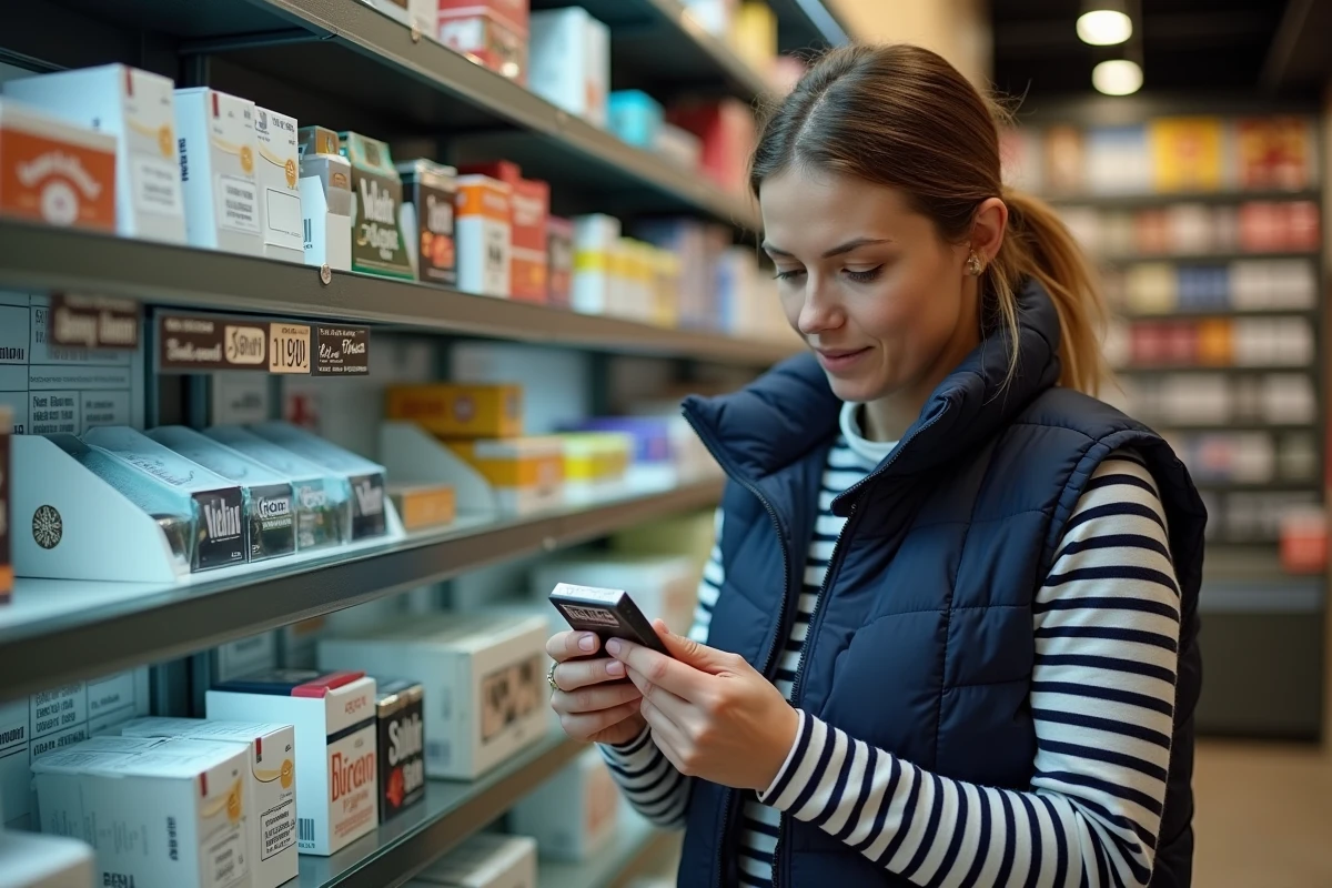 Femme examinant des paquets de cigarettes dans un magasin duty-free en Andorre avec des rayons bien garnis