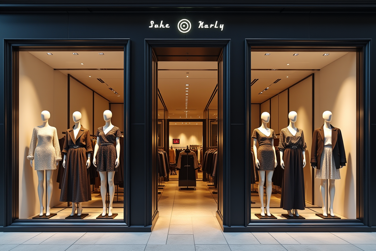 Vitrine de boutique de luxe avec mannequins en tenues exclusives