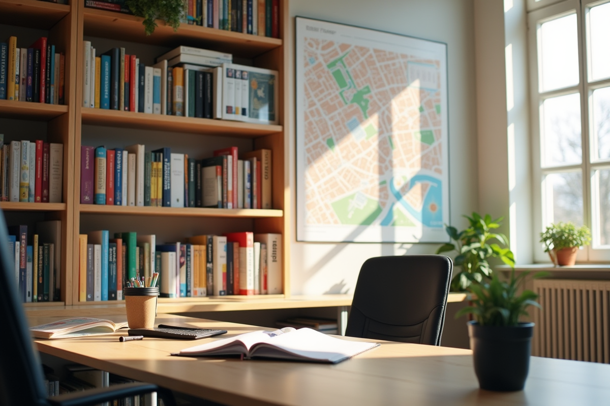 Bureau scolaire organisé avec livres et carte de Strasbourg