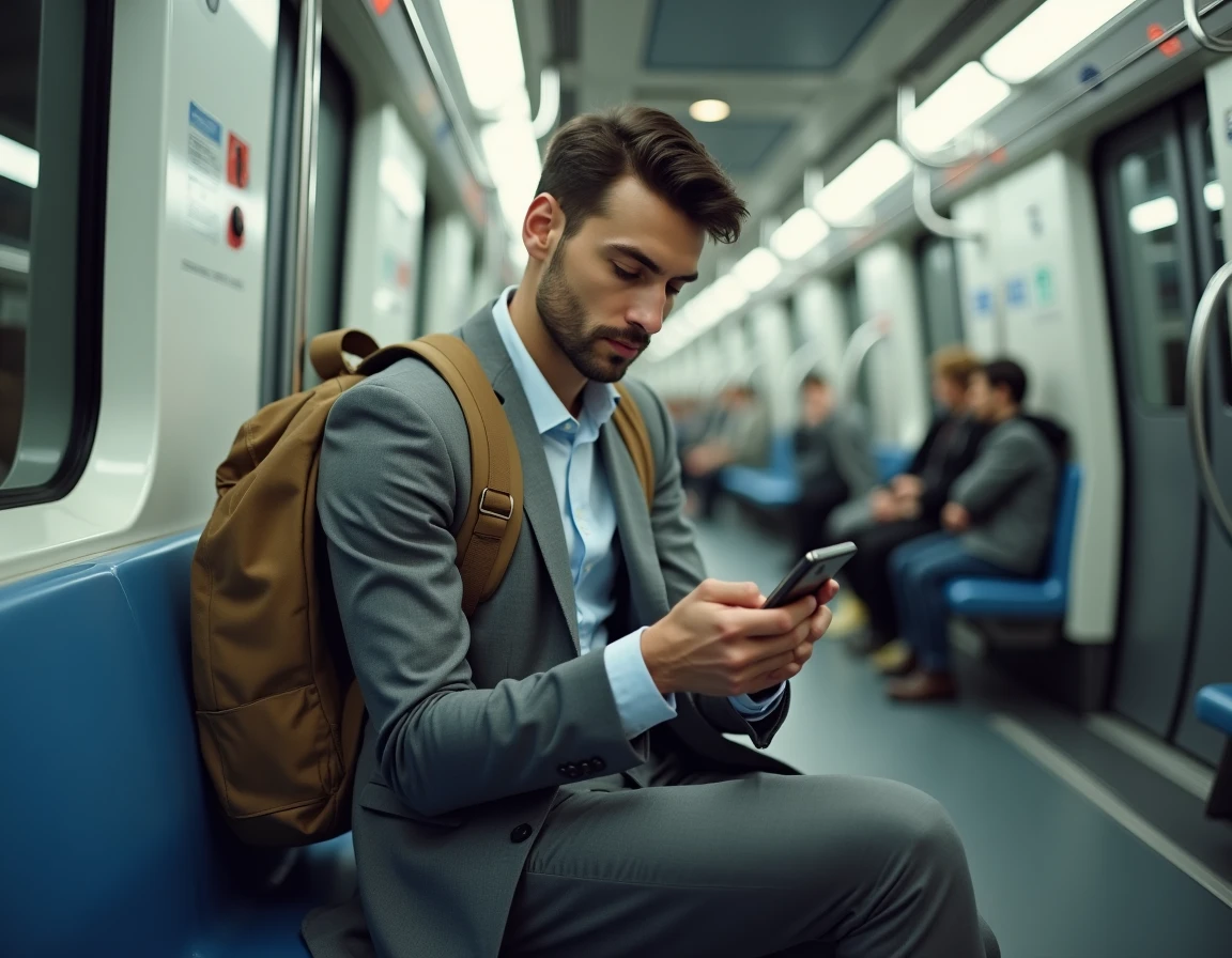 Jeune cadre parisien consultant une application de transport dans la rame automatique de la ligne 14