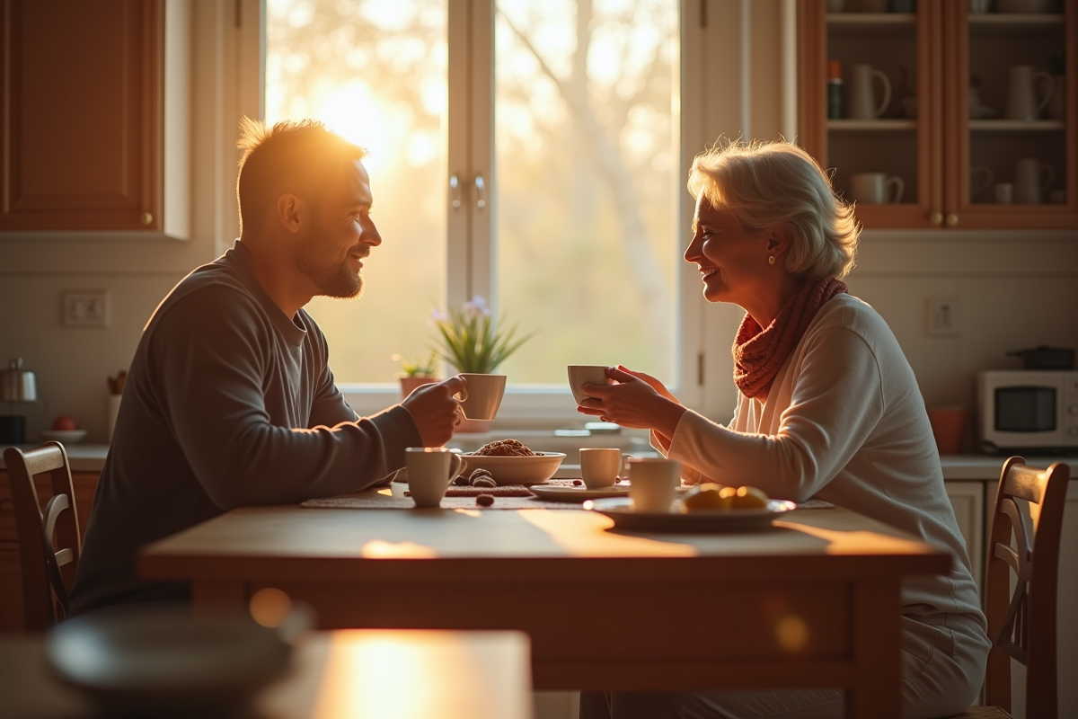 Couple mature partageant un café matinal dans la cuisine