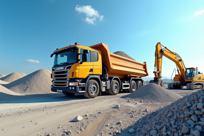 Camion plateforme déchargeant du gravier sur un chantier