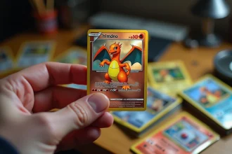 Main tenant une carte Pokémon Dracaufeu rare holographique au-dessus d'un bureau de collectionneur avec d'autres cartes éparpillées