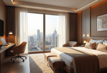 Chambre d'hôtel moderne avec vue urbaine et lit douillet