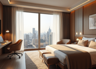 Conditions d’hébergement : tout savoir pour bien choisir en 2025 ! Chambre d'hôtel moderne avec vue urbaine et lit douillet