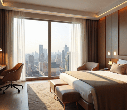 Chambre d'hôtel moderne avec vue urbaine et lit douillet