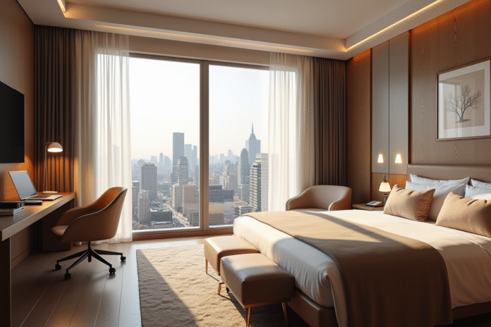 Chambre d'hôtel moderne avec vue urbaine et lit douillet