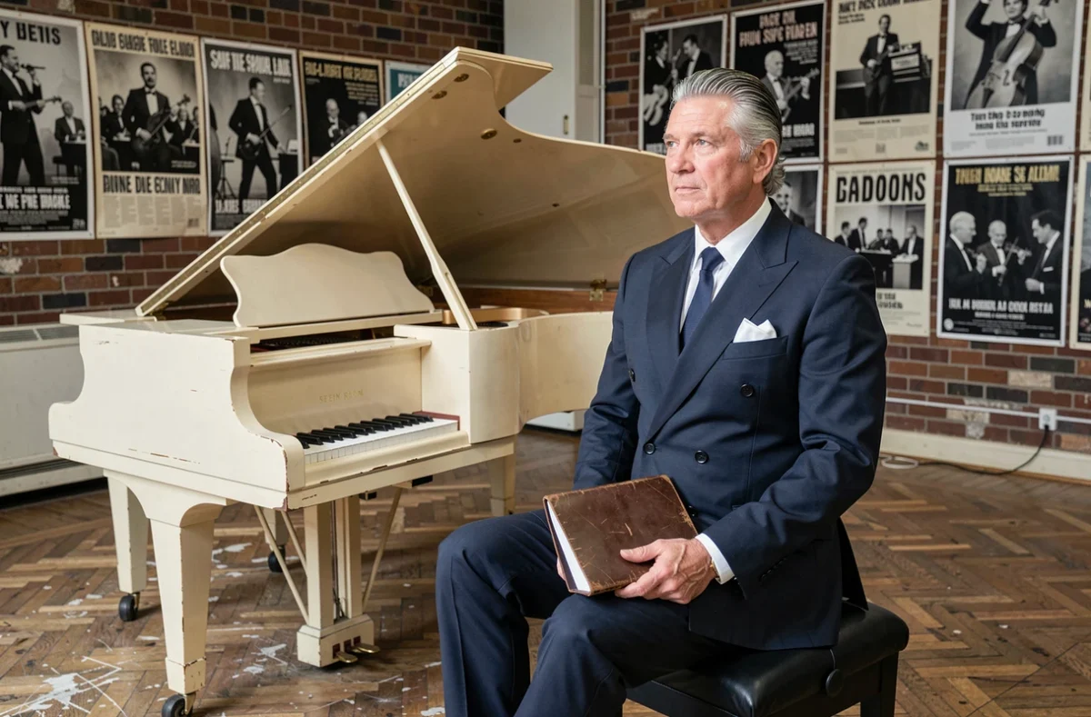 Chanteur de charme américain assis sur un piano à queue dans un studio de répétition aux murs de briques