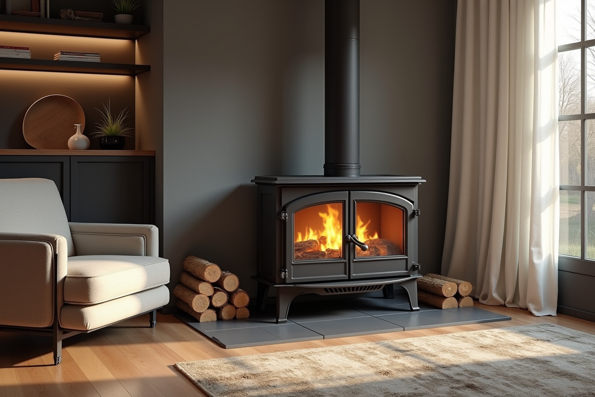 Cheminée en fer forgé dans un salon moderne lumineux