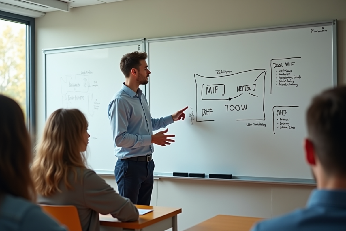 Jeune chercheur expliquant diagrammes sur tableau blanc en classe
