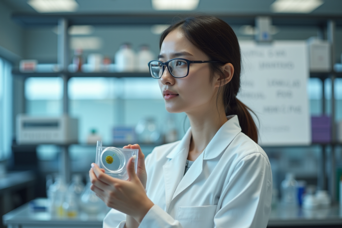 chercheuse-laboratoire-science Scientifique femme en laboratoire examinant une boite de Petri