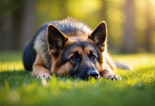 Chien berger allemand âgé couché paisiblement en plein soleil