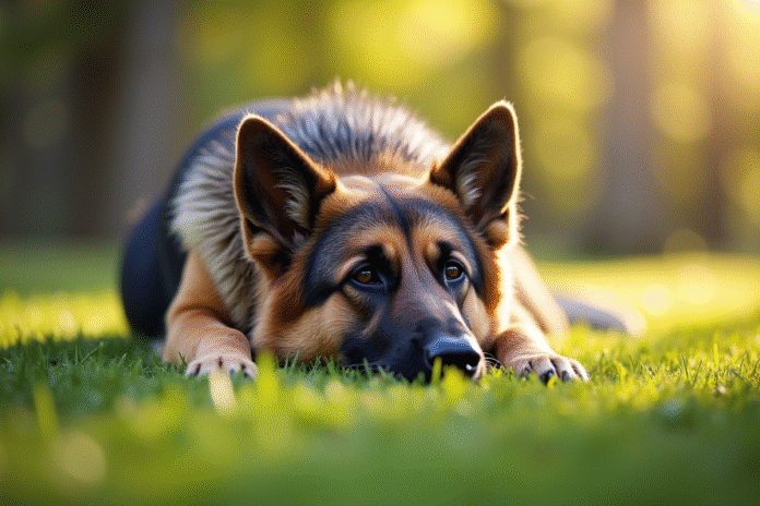 Chien berger allemand âgé couché paisiblement en plein soleil