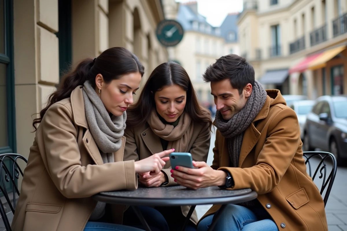 Groupe de citoyens français discutant de politique autour d'un smartphone en terrasse de café
