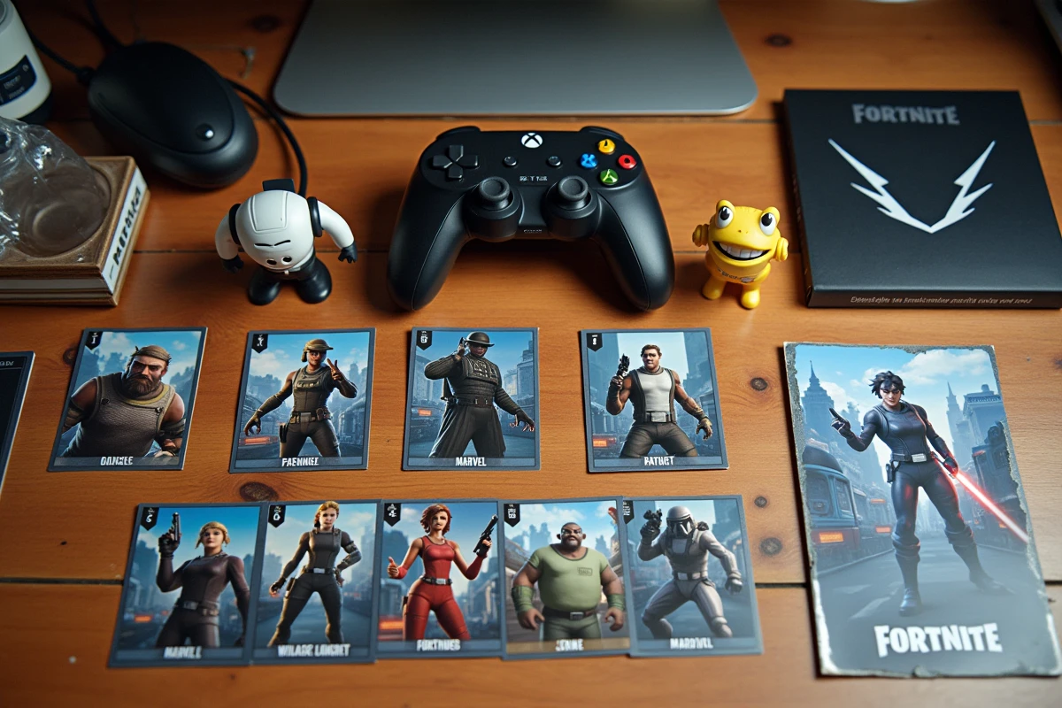 Collection de figurines et produits dérivés des collaborations Fortnite Marvel et Star Wars sur un bureau en bois